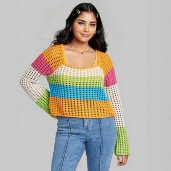 SOLD - Wild Fable Knit Multi Color Sweater Square Neck Stripe Women’s XL - Picture 3 of 10